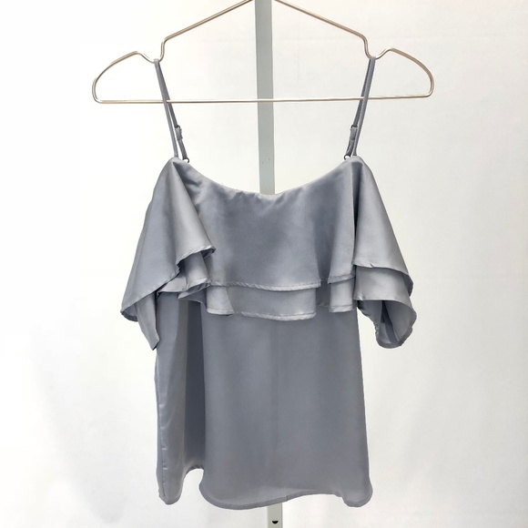 🔵ELAINE Silver Satin Ruffled Cold Shoulder Top - Picture 6 of 8